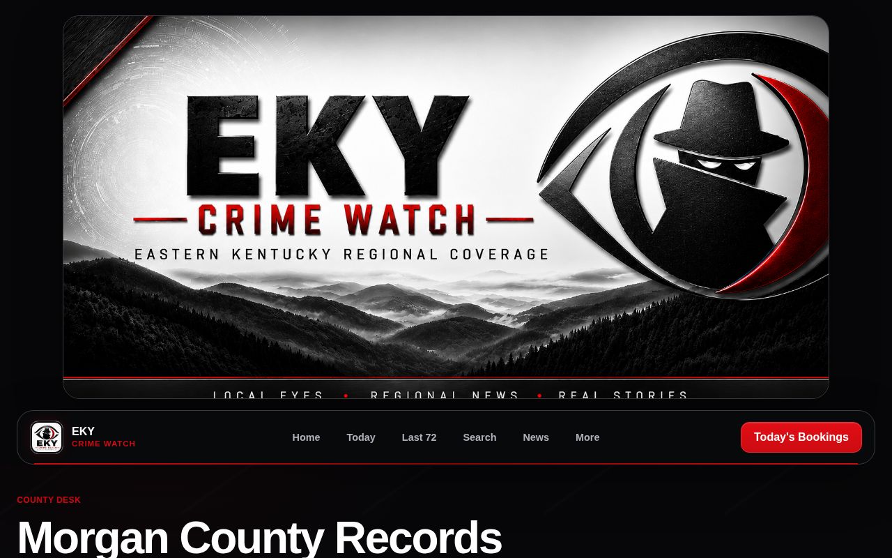 EKY Crime Watch Morgan County page showing regional booking source labels