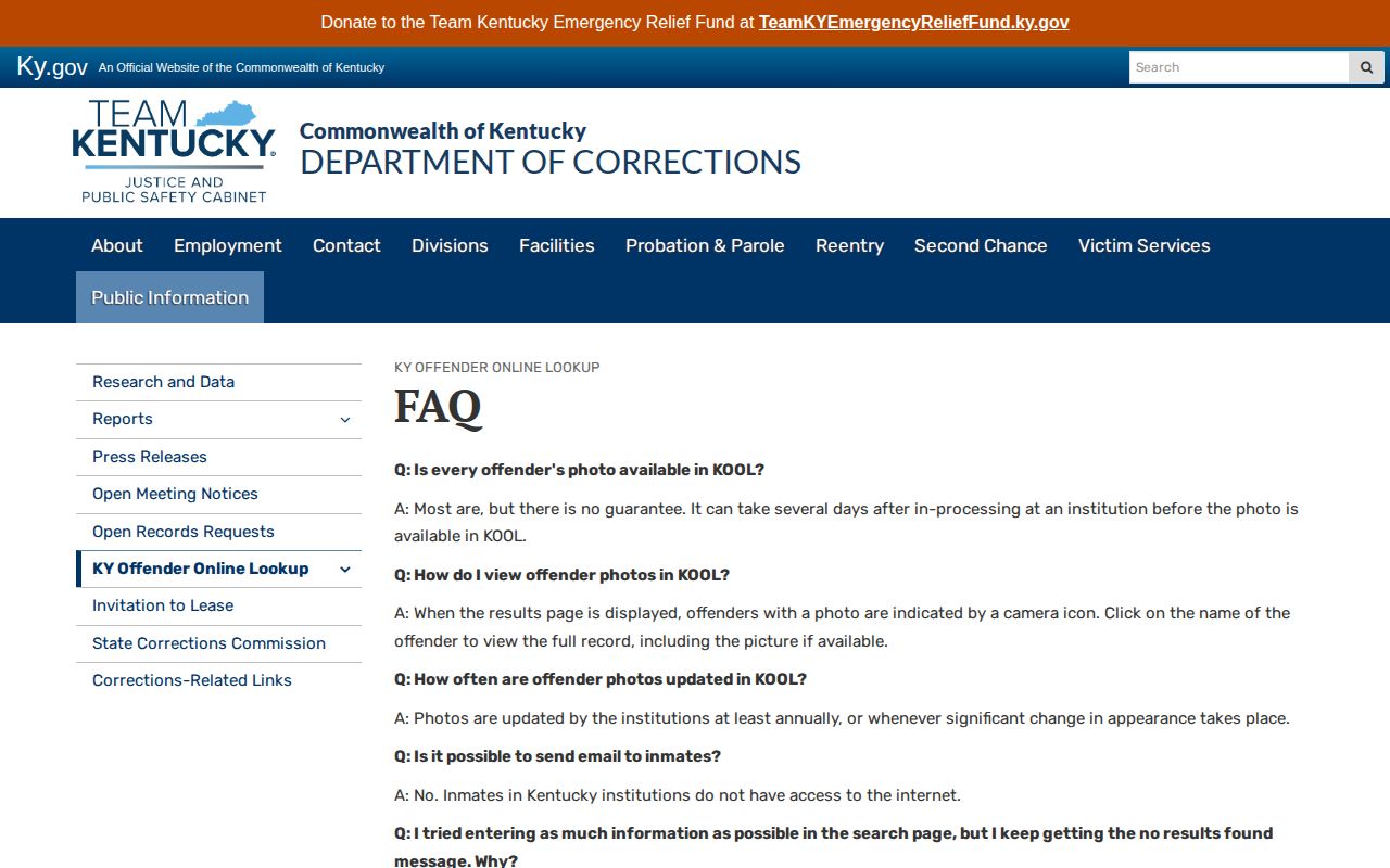 Kentucky KOOL FAQ explaining offender photo availability