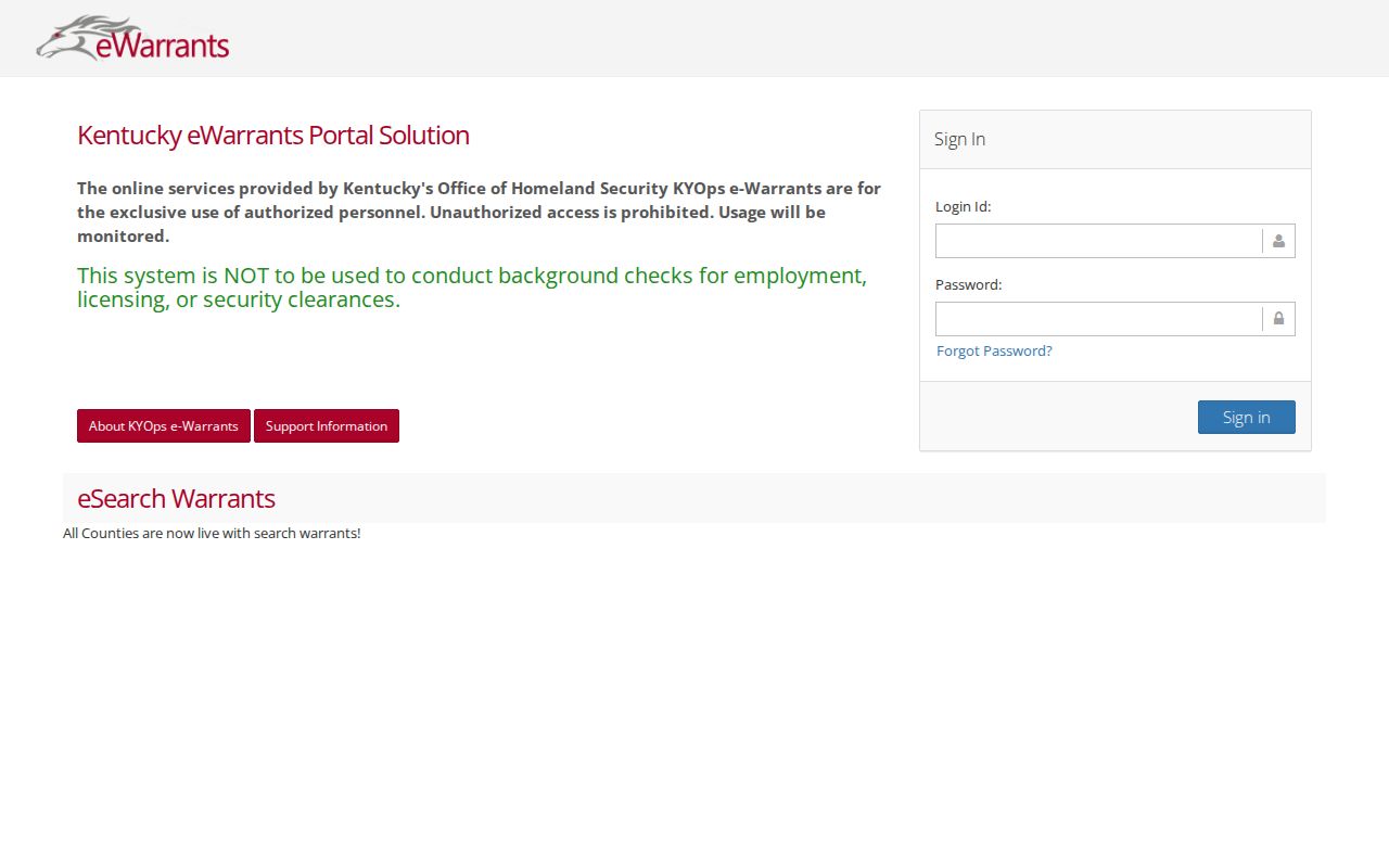 Kentucky eWarrants restricted login page